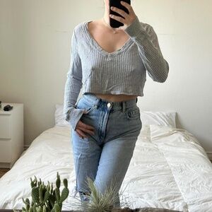 PAC Cropped Grey V-Neck Long Sleeve Sweater
